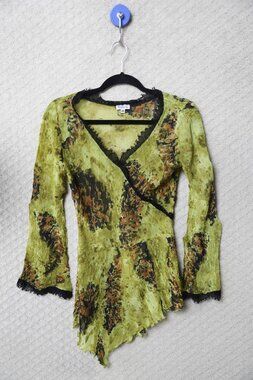 Komarov Pleated Asymmetric Lace Trim Top Green Abstract Flare Sleeve Size M